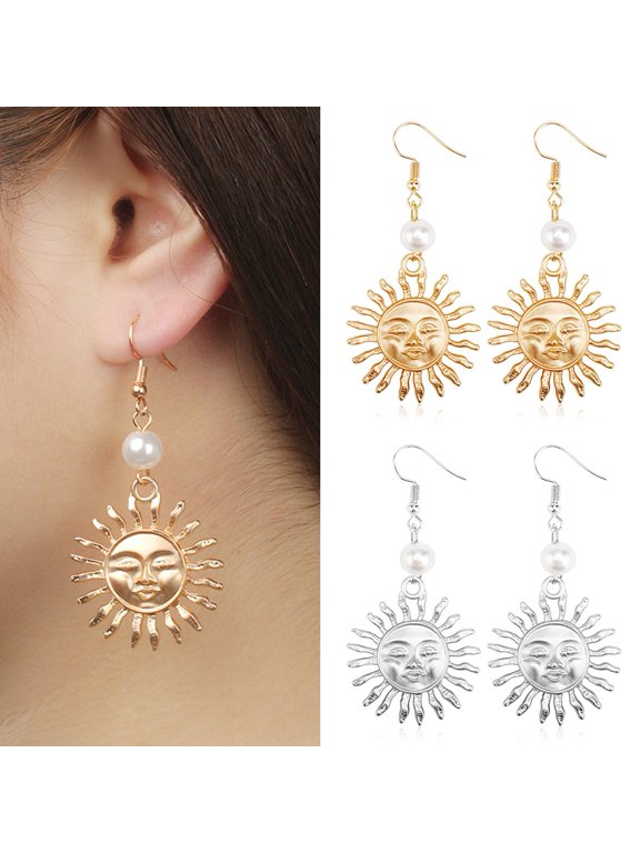 Women Fashion Sun Smiling Face Faux Pearl Drop Dangle Hook Earrings Jewelry