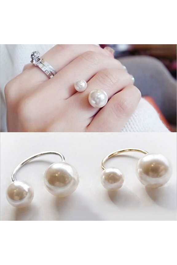 Women Fashion Two Faux Pearls Opening Alloy Finger Ring Jewelry Gift for Wedding Party