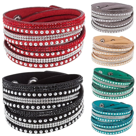 SmartBy Women Faux Leather Shiny Hot Fix Rhinestone Inlaid DIY Multilayer Bracelet Gift
