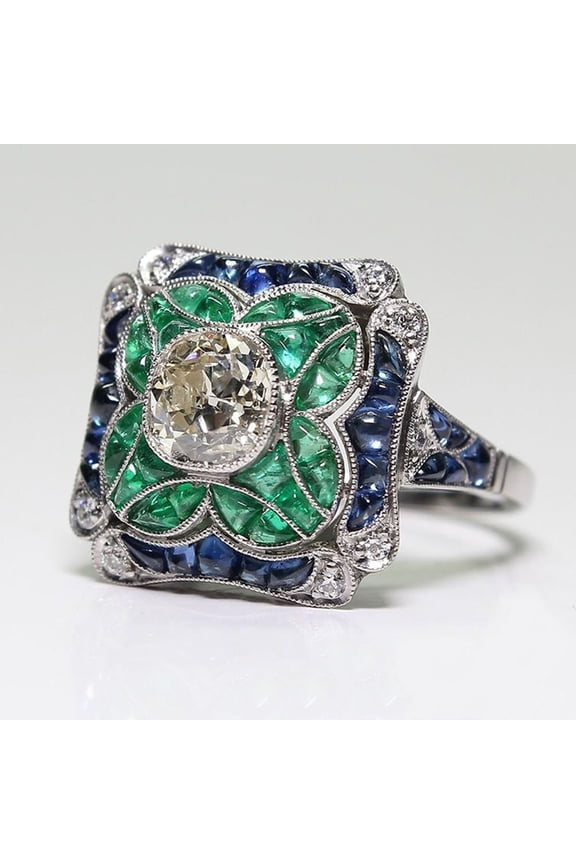 Women Faux Sapphire Emerald Inlaid Flower Finger Ring Wedding Party Jewelry Gift