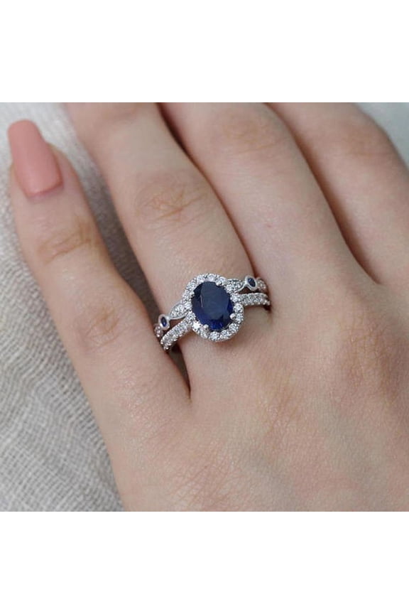 Women Faux Sapphire Silver Plated Finger Ring Bride Wedding Jewelry Decor Gift
