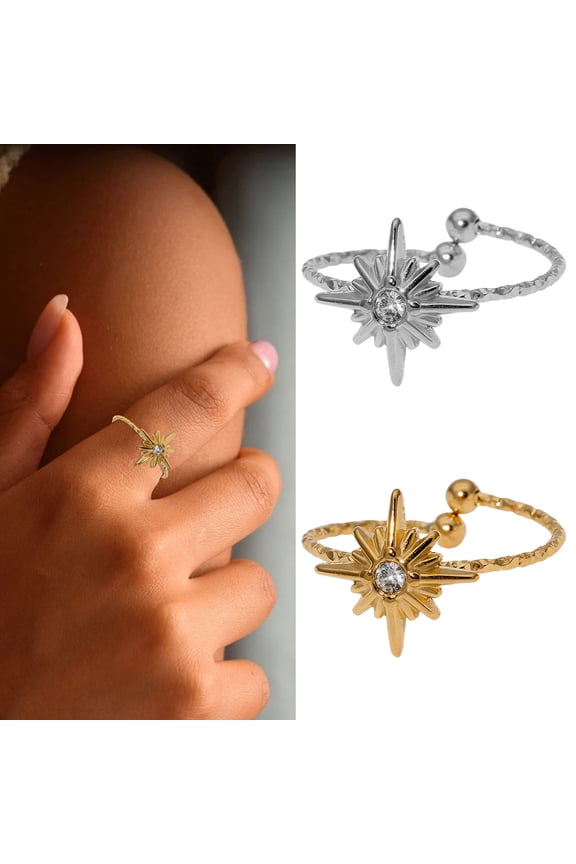 Women Finger Ring Eight-Pointed Star Adjustable Fit Open Ring Stainless Steel Texture Stacking Ring Jewelry Gift