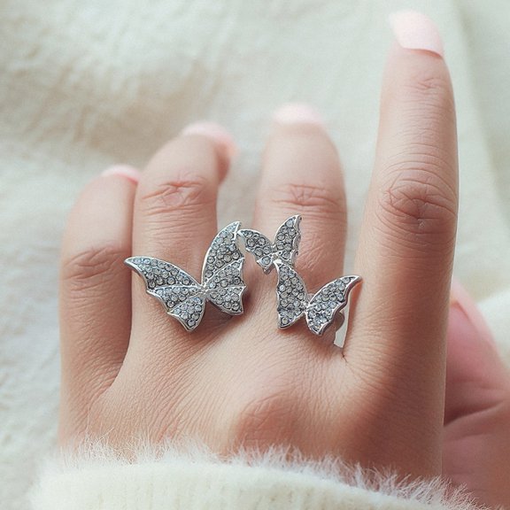 SmartBy Women Finger Ring Three Butterflies Rhinestones Inlaid Adjustable Open Ring Exaggerated Finger Band Jewelry Gift