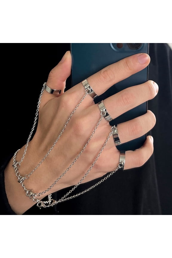 Women Hand Chain Punk Style Five Rings Solid Color Wrist Chain Ring Unisex Charm Hip Hop Chain Open Rings Set Couple Jewelry
