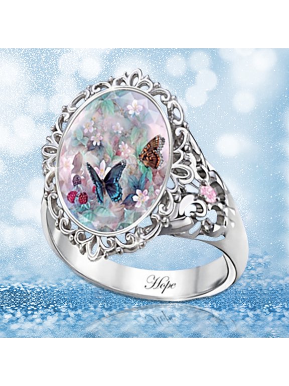 Women Jewelry Accessory Elegant Decoration Oval Cut Enamel Flower Butterfly Ring for Party