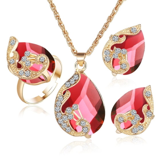 SmartBy Women Jewelry Set Shiny Water-Drop Shape Rhinestone Necklace Earrings Ring Gift
