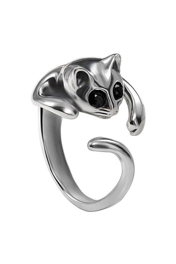 Women Lovely Silver Plated Kitten Cat Animal Rhinestone Eyes Open Knuckle Ring