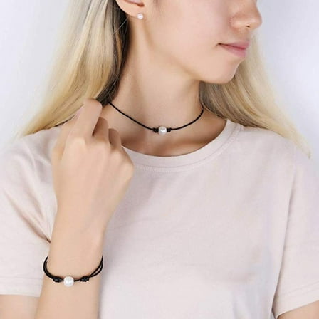 SmartBy Women Minimalist Imitation Faux Pearl Choker Faux Leather Rope Necklace Jewelry