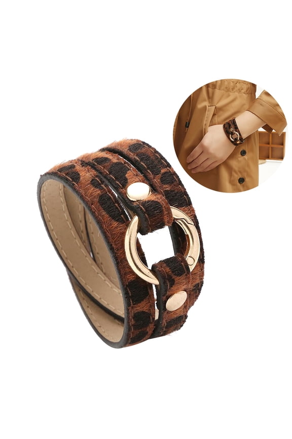 Women Multi-layer Winding Leopard Ring Long Faux Leather Bracelet Bangle Jewelry