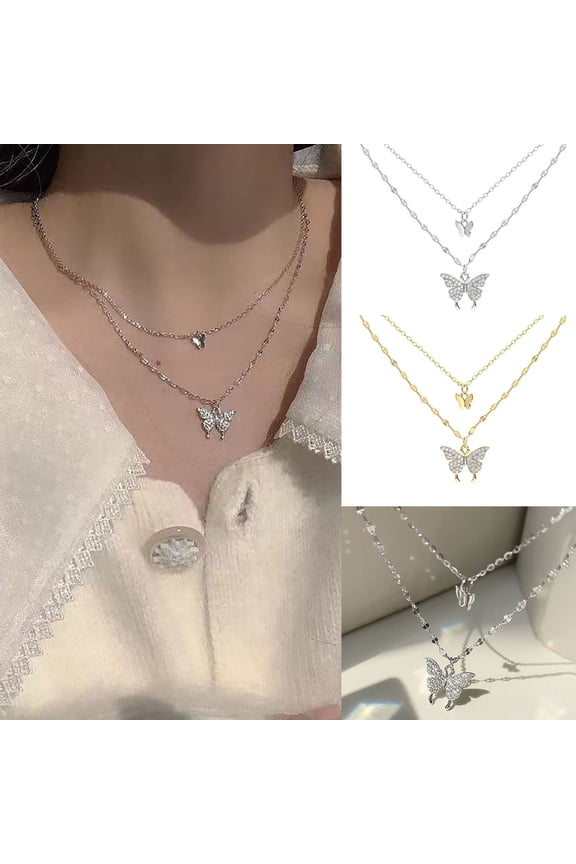 Women Necklace Double Layers Butterfly Shape Rhinestone Portable Lady Pendant for Gift