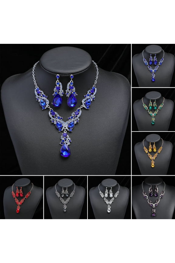 Women Necklace Earrings Set Luxury Symmetric Retro Rhinestone Hollow Out Anti-allergy Hanging Earrings Bridal Wedding Prom Anniversary Jewelry Set