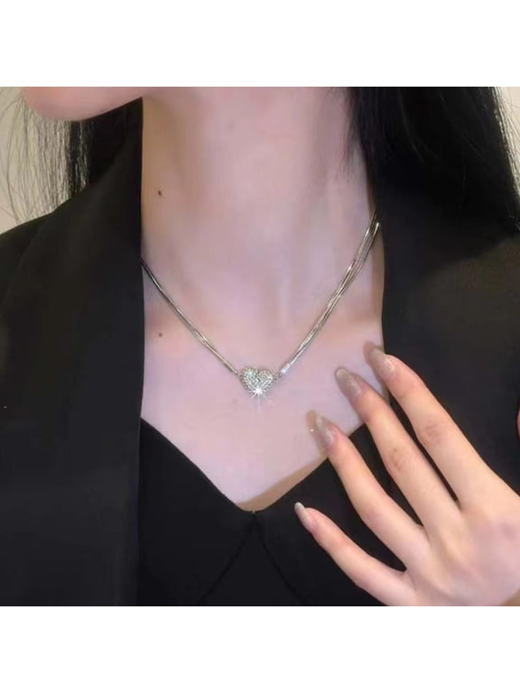 Women Necklace Magnetic Broken Heart Pendant Rhinestone Three-layered Snake Bone Chain Prom Party Clavicle Necklace Weddings Jewelry