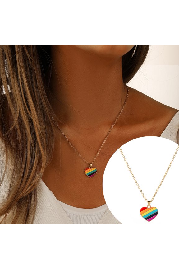 Women Necklace Smooth Heart Striped Rainbow Pendant Adjustable Length Stainless Alloy Choker Necklace Neck Decoration Jewelry Birthday Gift