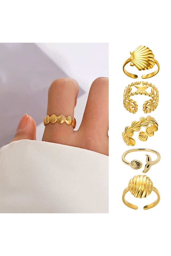Women Open Ring Adjustable Shell Starfish Ocean Theme Polished Anti-rust Stainless Steel Finger Ring Lady Daily Party Jewelry