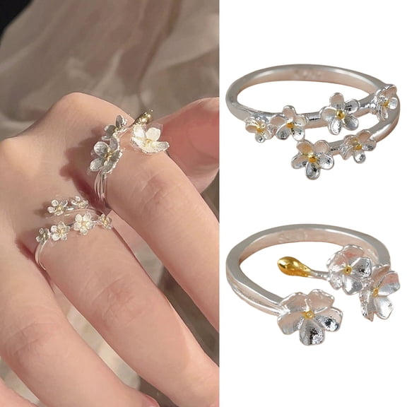 SmartBy Women Open Ring Flower Decor Adjustable Alloy Polished Retro Smooth Lightweight Dating Daily Prom Lady Finger Ring Knuckle Jewelry
