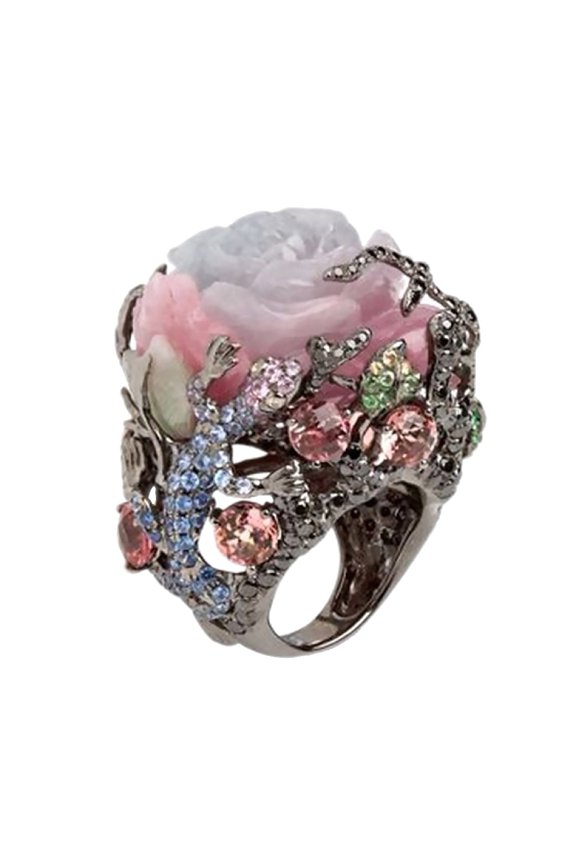 Women Party Jewelry Peony Flower Lizard Pattern Rhinestone Inlaid Ring Band