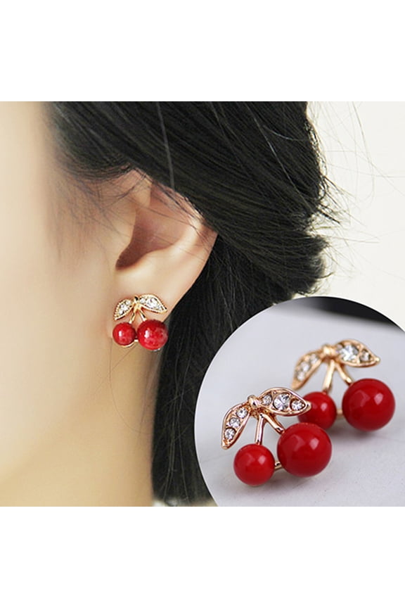 Women Red Cherry Clear Rhinestone Ear Studs Beads Golden Alloy Leaves Earrings