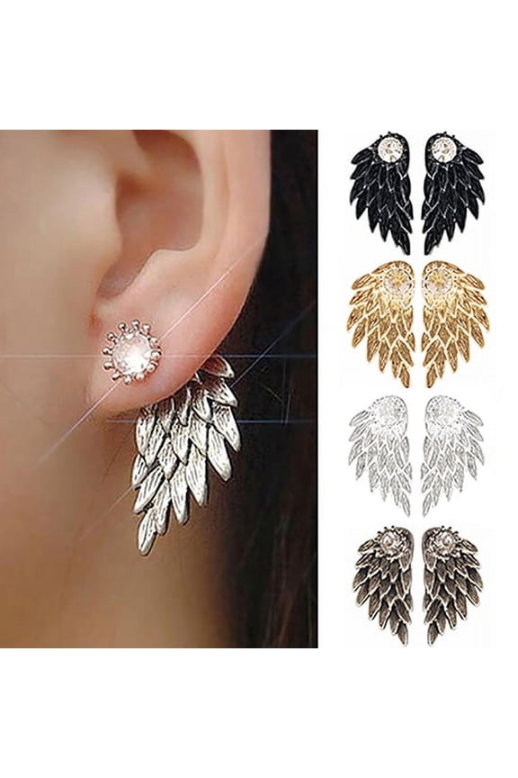 Women Retro Gothic Cool Jewelry Angel Wing Rhinestone Ear Jacket Earrings