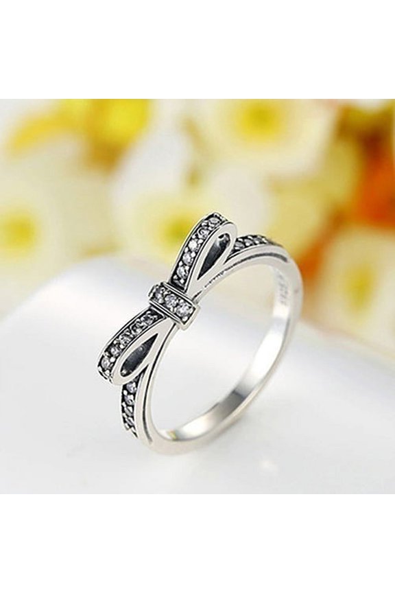 Women Retro Rhinestone Inlaid Alloy Bowknot Engagement Finger Ring Jewelry Gift