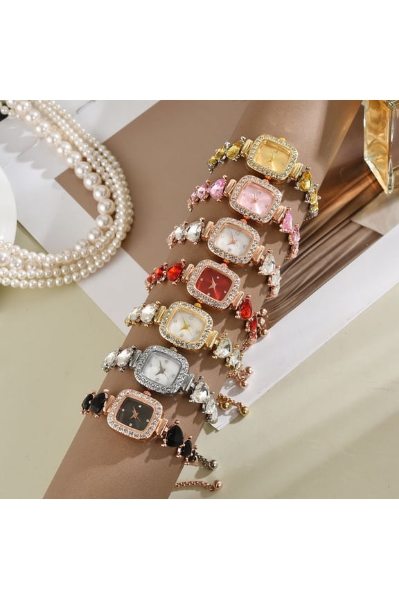 Women Rhinestone Bracelet Watch Small Square Dial Analog Quartz Wrist Watch Love Heart Chain Ladies Dress Watch with Adjustable Strap