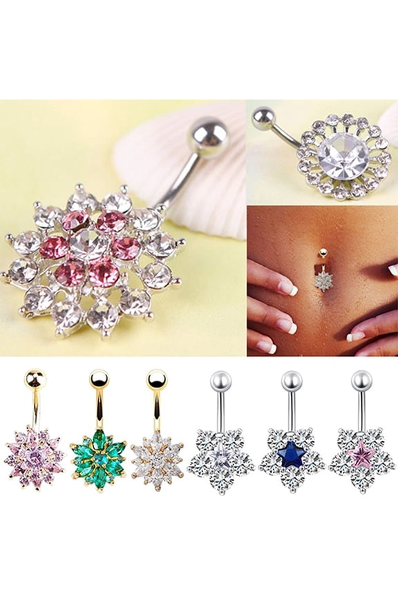 Women Rhinestone Flower Belly Button Navel Ring Bar Body Piercing Jewelry Charm