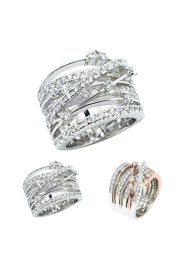 Women Rhinestone Inlaid Crossover Wide Band Finger Ring Wedding Jewelry Gift
