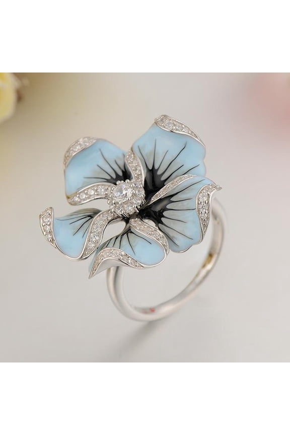 Women Rhinestone Inlaid Enamel Flower Finger Ring Jewelry Valentine Day Gift