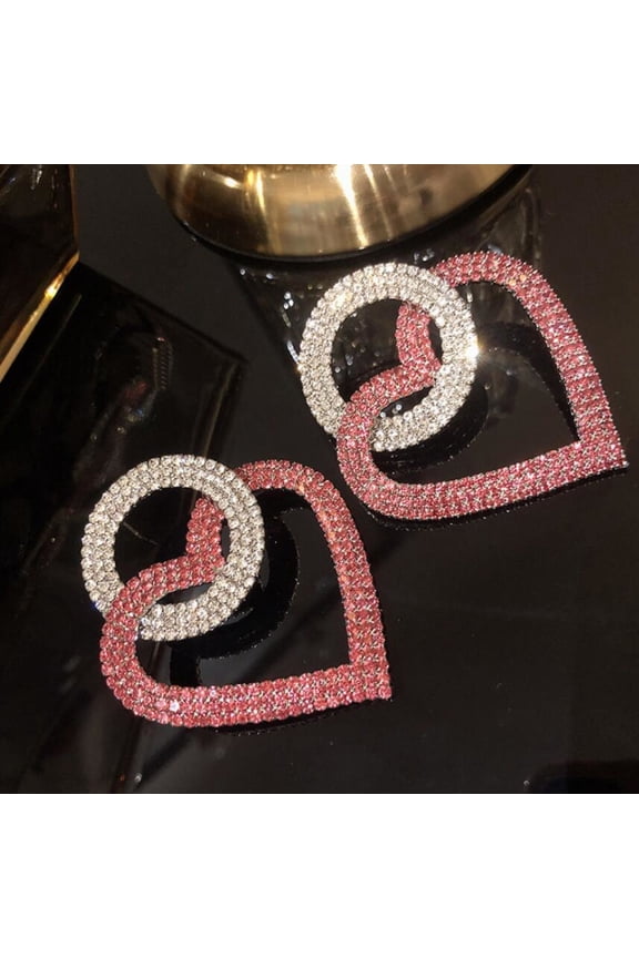 Women Rhinestone Inlaid Heart Round Dangle Ear Stud Earrings Party Jewelry Gift