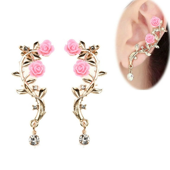 SmartBy Women Rhinestone Inlaid Rose Flower Ear Stud Cuff Clip On Earrings Jewelry Gift