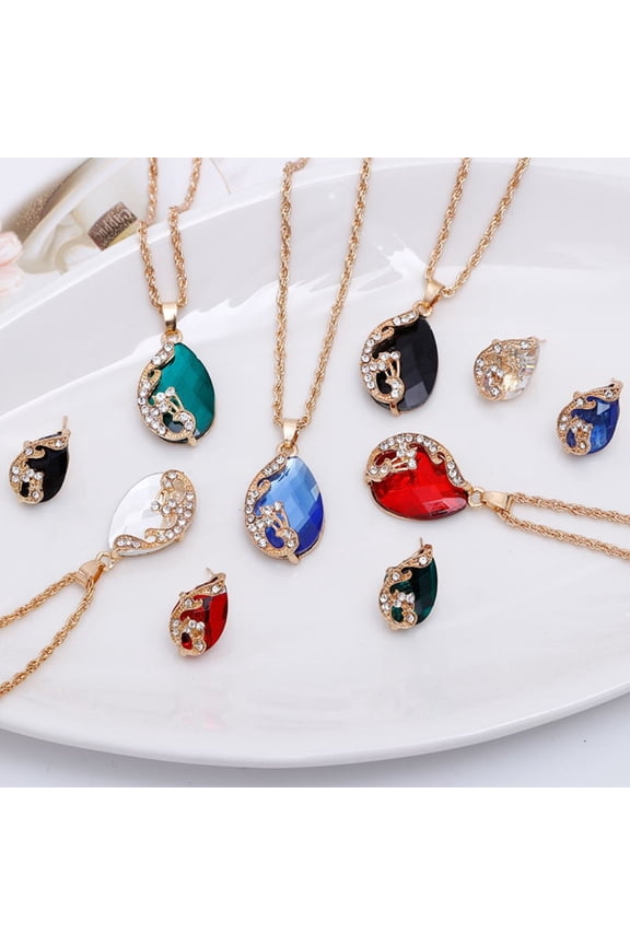 Women Rhinestone Peacock Water Drop Pendant Necklace Earrings Ring Jewelry Set