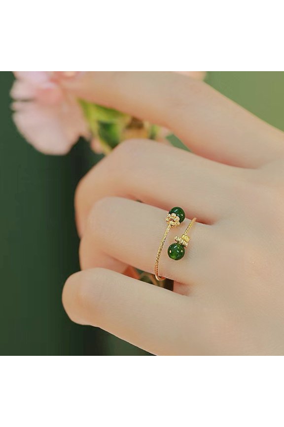 Women Ring Adjustable Opening Green Ball Design Finger Ring Retro Open Wrap Finger Band Jewelry Gift