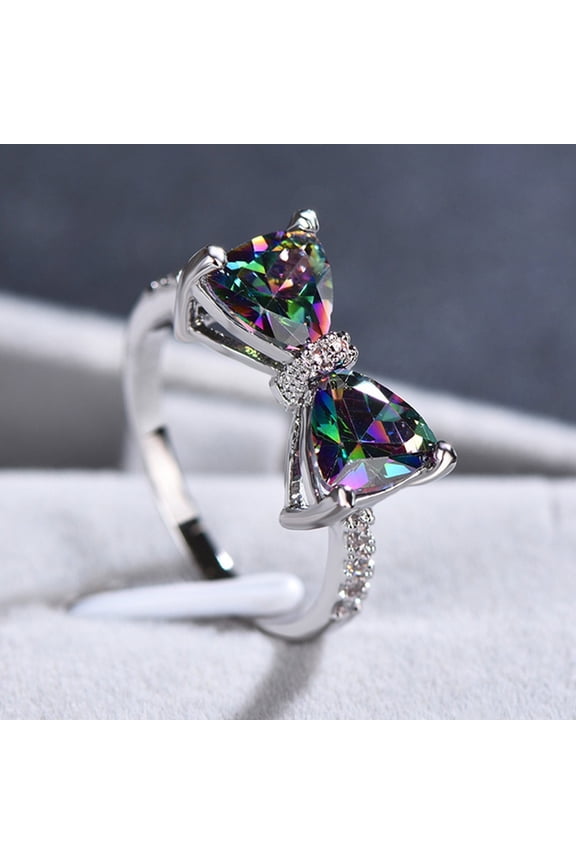 Women Ring Aesthetic Bow-knot Shiny Rhinestone Inlaid Sparkling Decorative Valentines Gift Colored Cubic Zirconia Forefinger Ring Jewelry Fashion Accessory
