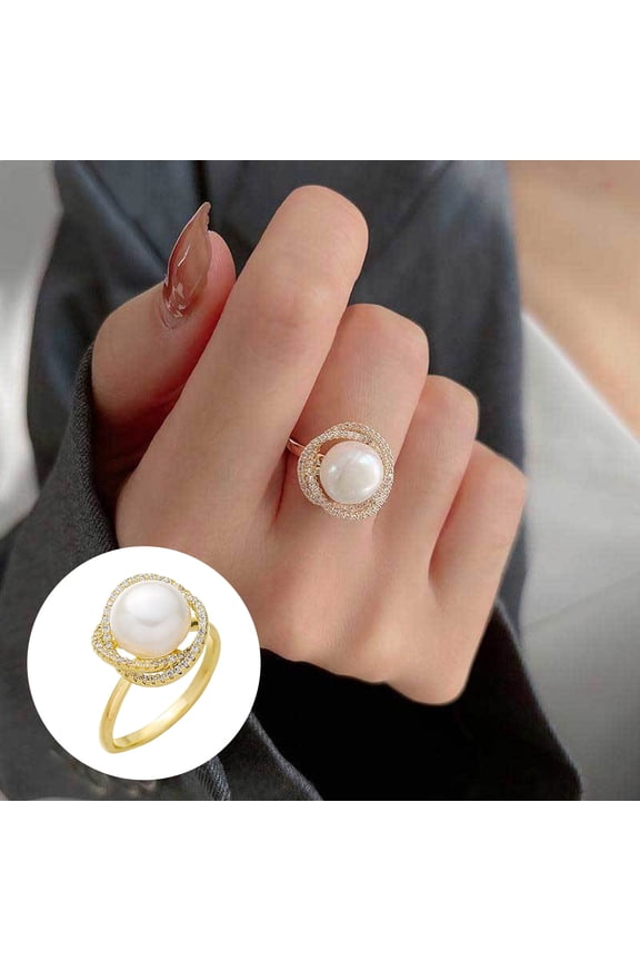 Women Ring Crossed Bling Rhinestone Elegant Open Adjustable High Gloss Faux Pearl Finger Ring Jewelry Accessories