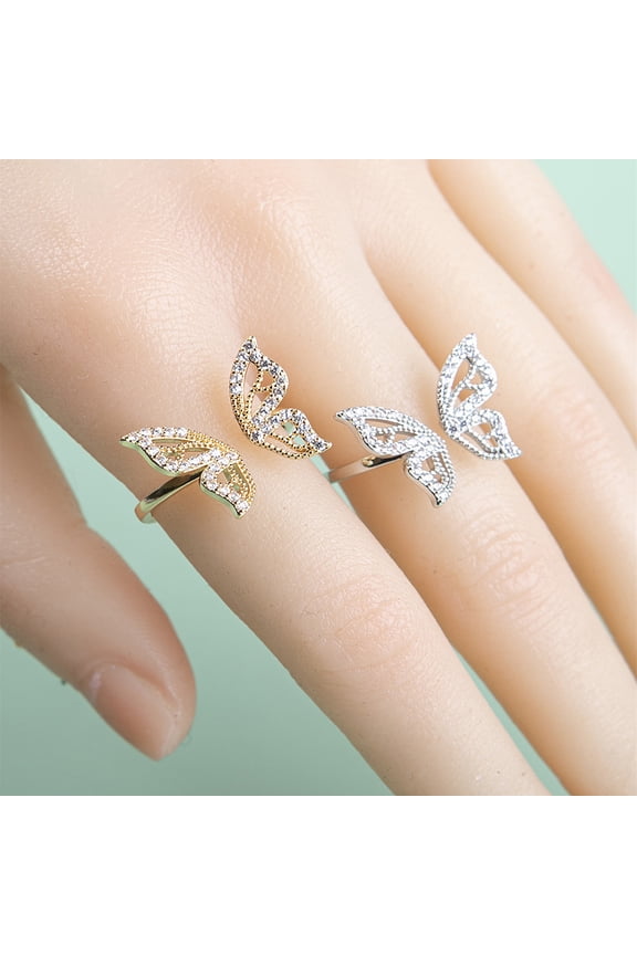 Women Ring Geometric Shiny Rhinestone Inlaid Sparkling Adjustable Opening Decorative Gift Butterfly Knuckle Ring Charm Jewelry for Dating