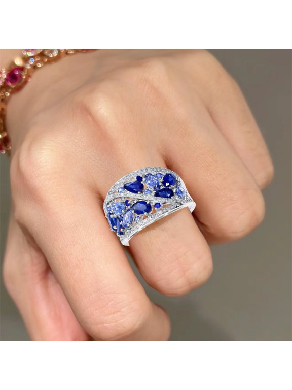 Women Ring Hollow Out Wide Blue Cocktail Ring Water Drop Shape Copper Multi-Shaped Cubic Zirconia Finger Ring Jewelry for Anniversaries Weddings Birthdays