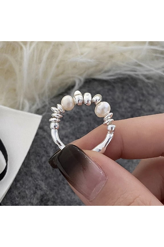 Women Ring Imitation Pearl Decor Irregular Shape Beads Handmade Ring Adjustable Opening Design Finger Ring