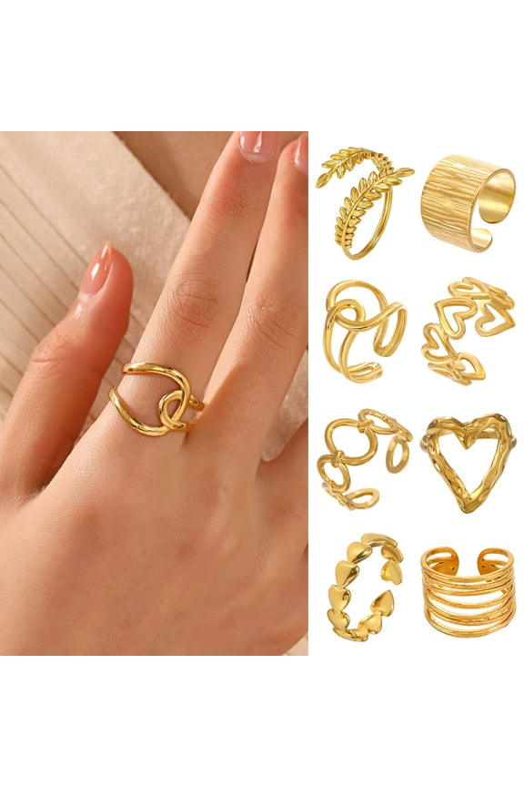 Women Ring Open Adjustable Golden Color Heart Line Cross Leaf Shape Polished Hip Hop Style Paty Club Finger Ring Lady Jewelry