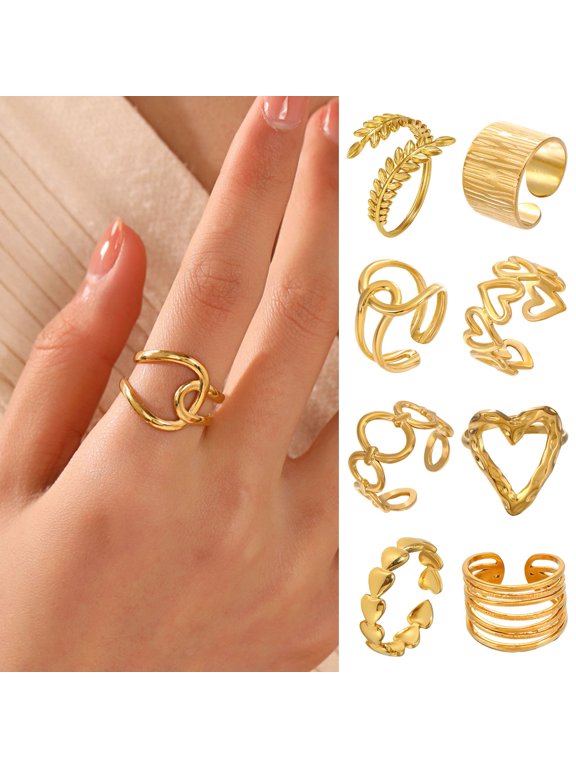 Women Ring Open Adjustable Golden Color Heart Line Cross Leaf Shape Polished Hip Hop Style Paty Club Finger Ring Lady Jewelry