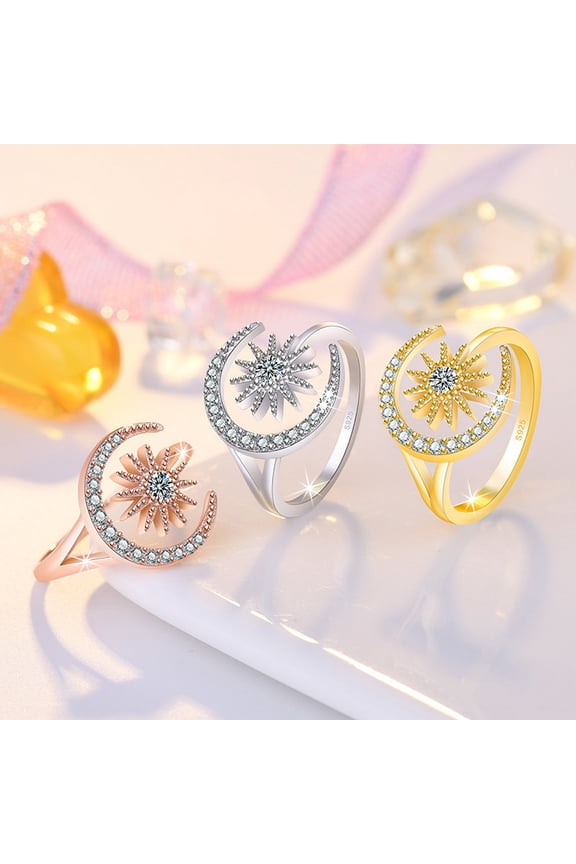Women Ring Opening Geometric Dainty Elegant Temperament Gift Rhinestone Embedded Star Moon Finger Ring Jewelry Accessories