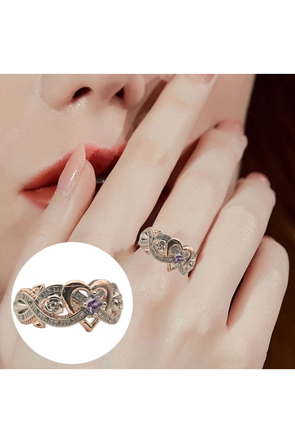 Women Ring Shiny Rhinestone Inlaid Electroplating Geometric All-match Decoration Cubic Zirconia Rose Flower Design Ladies Heart Ring Jewelry for Daily Wear