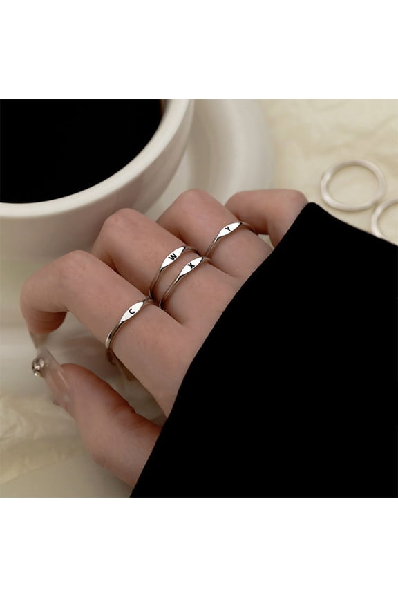 Women Ring Simple Style Bright Luster Geometric Smooth Polished Adjustable Decorative Gift Alphabet A-Z Letters Initial Name Finger Ring Jewelry for Daily Life