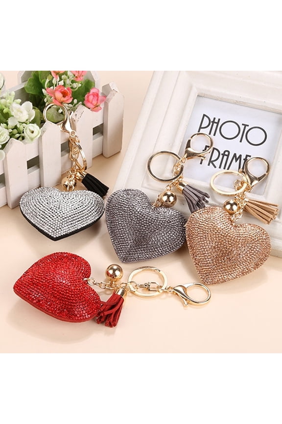 Women Romantic Key Chain Love Heart Shape Rhinestone Tassels Bag Charms Keyring