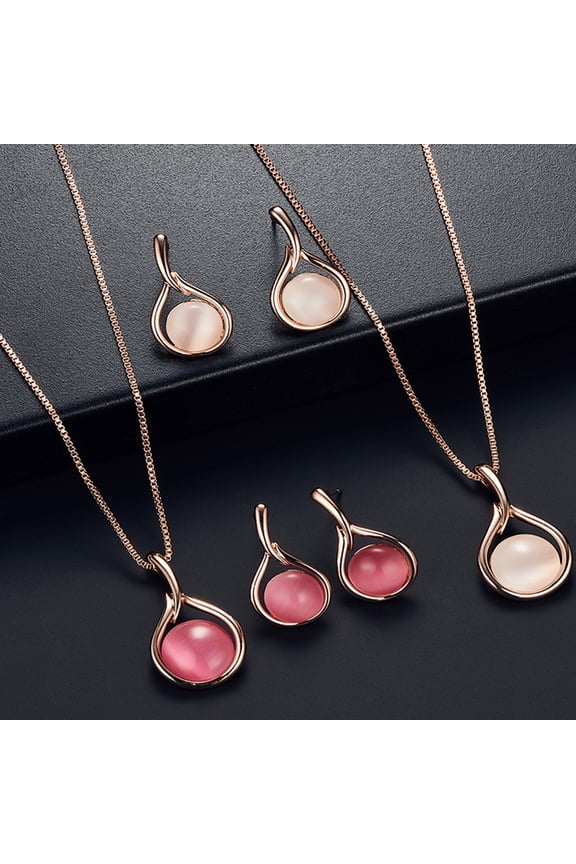 Women Round Shape Faux Opal Pendant Necklace Ear Stud Earrings Jewelry Set Gift