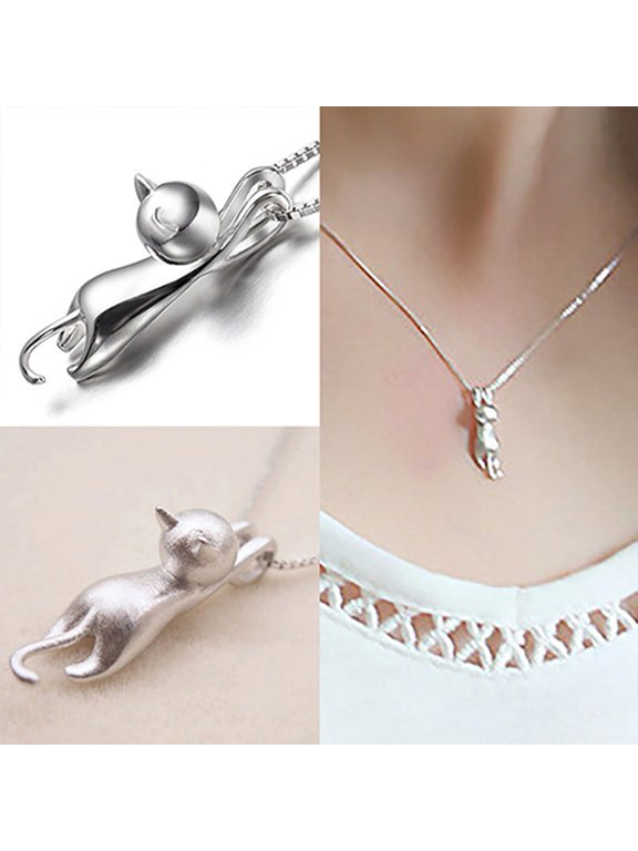 Women Silver Plated Lovely Jumping Cat Pendant Charm Princess Necklace Jewelry