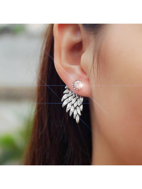 Women Vintage Angel Wings Rhinestone Ear Jacket Earrings Piercing Jewelry Gift