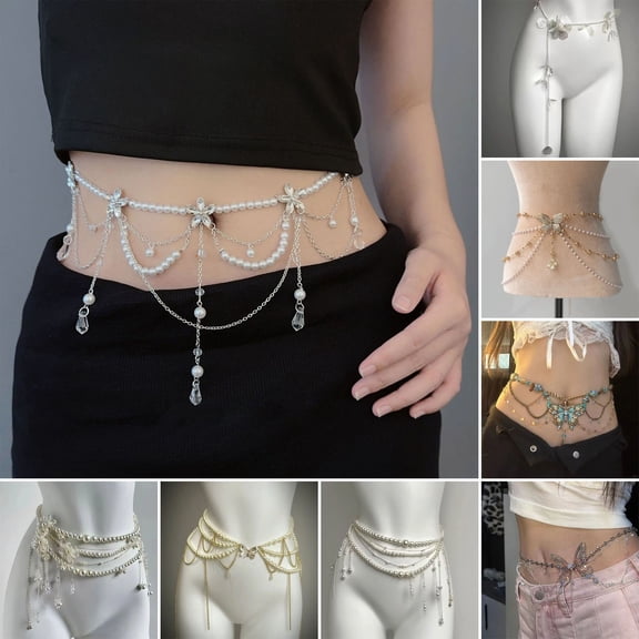 SmartBy Women Waist Chain with Tassel Butterfly Flower Charm Faux Pearl Belt Chain Multi-layered Beaded Belly Jewelry Dance Performance Club Party Body Jewelry for Bikini Dress T-Shirt Pants