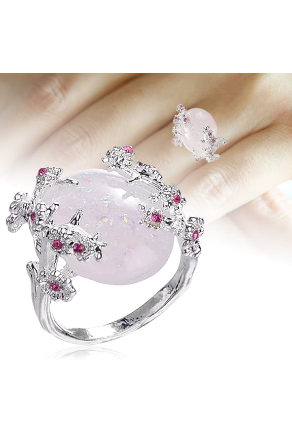 Women Wedding Jewelry Flower Design Oval Faux Gemstone Ring Rhinestone Decor