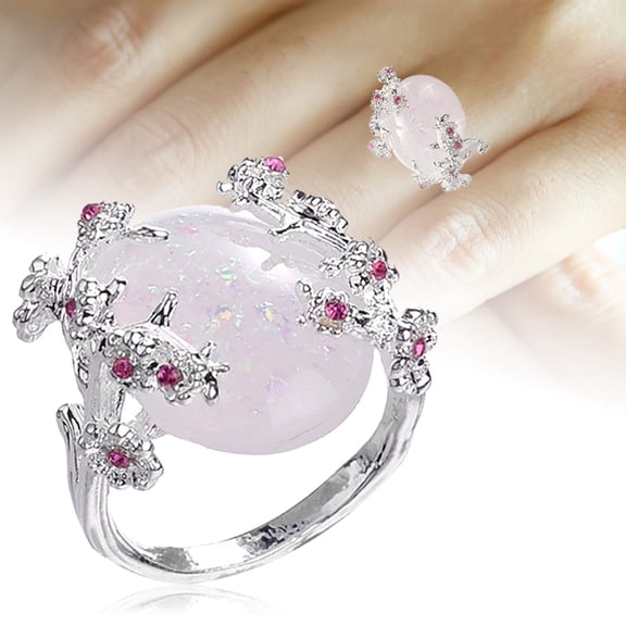SmartBy Women Wedding Jewelry Flower Design Oval Faux Gemstone Ring Rhinestone Decor