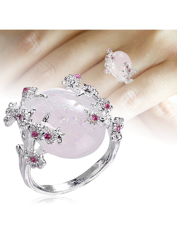Women Wedding Jewelry Flower Design Oval Faux Gemstone Ring Rhinestone Decor