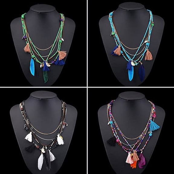 SmartBy Women's Boho Ethnic Style Feathers Tassels Beads Multi-layer Chain Necklace